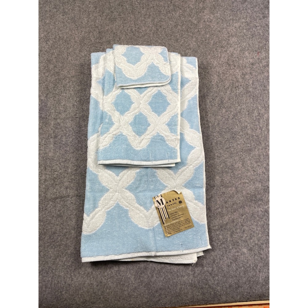 Vintage Martex Blue White Trellis Towel Set 3pc MCM Cotton Made in USA 6638